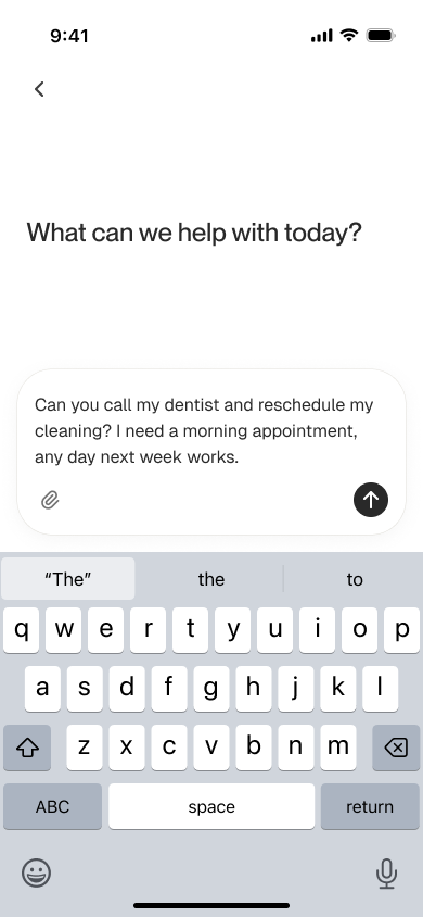 Duckbill app new task screen with keyboard showing a dentist rescheduling request
