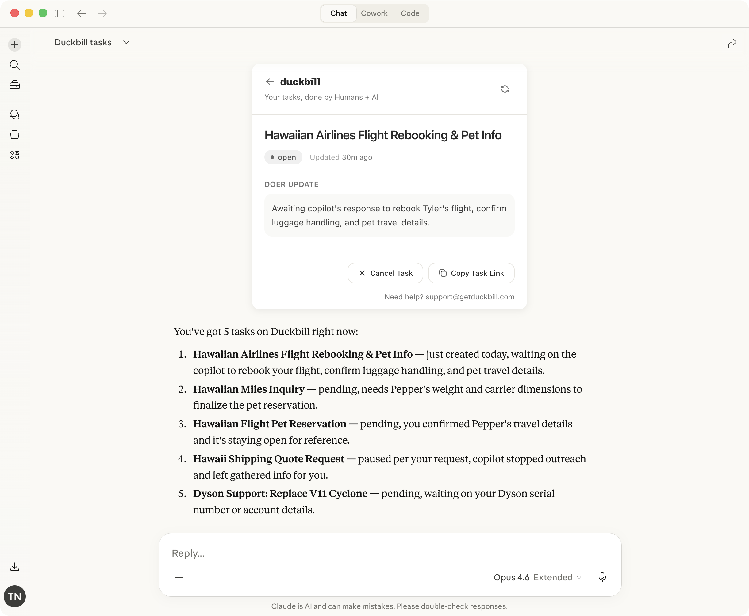 Duckbill tasks managed through Claude — showing active tasks like flight rebooking and pet travel coordination